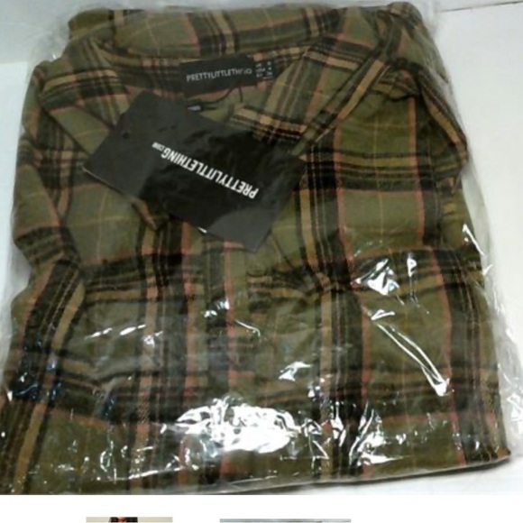 NEW Pretty Little Things Check Womens Oversized Cuff Shirt Size 4 Olive - Picture 2 of 3